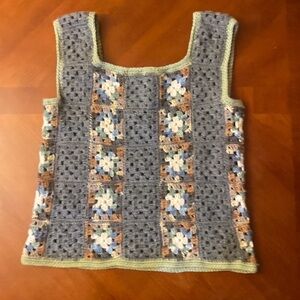 Hand Crochet Hippie Granny Square Earth Tones Sweater Top Vest Patchwork